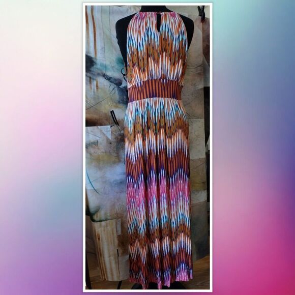 Allison Britney Multi Colored, Halter Style, Maxi Dress Size L - Picture 3 of 4